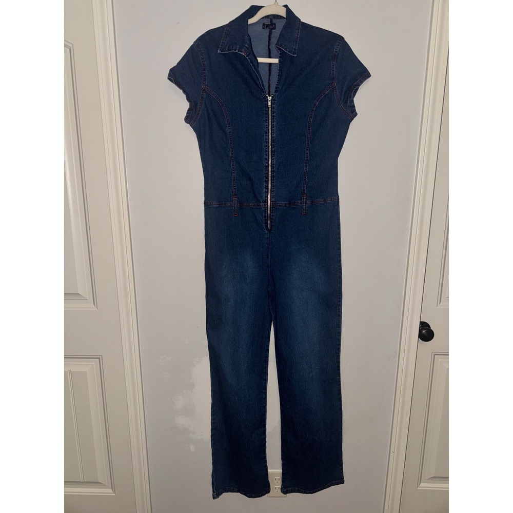 Jazzie Denim Jumpsuit Women XL Blue Short Sleeve Full Zip Cotton Red Stitch